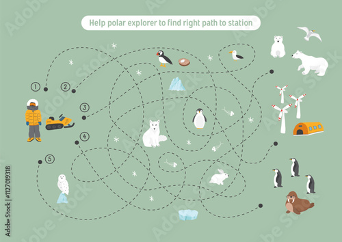 Labyrinth, Maze game for children. Logical puzzle for kids. Quest to find the right path for a polar explorer to polar station. Vector illustration.