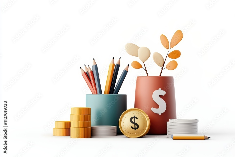 Obraz premium Creative Setup with Coins, Pencils, and Decorative Plants for Financial Growth and Planning