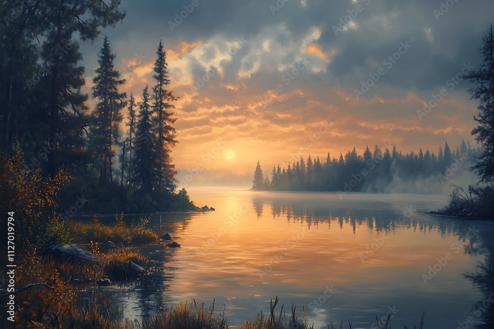 Serene sunset over a tranquil lake, surrounded by trees and misty reflections. Serene sunset over a tranquil lake, surrounded by trees and misty reflections.