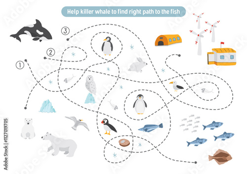 Labyrinth, Maze game for children. Logical puzzle for kids. Quest to find the right path for a Killer whale to the fish. Vector illustration.