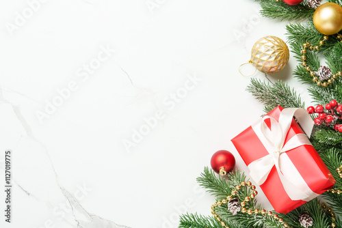 Christmas falt lay background. Christmas present with decor on white with space for design. photo