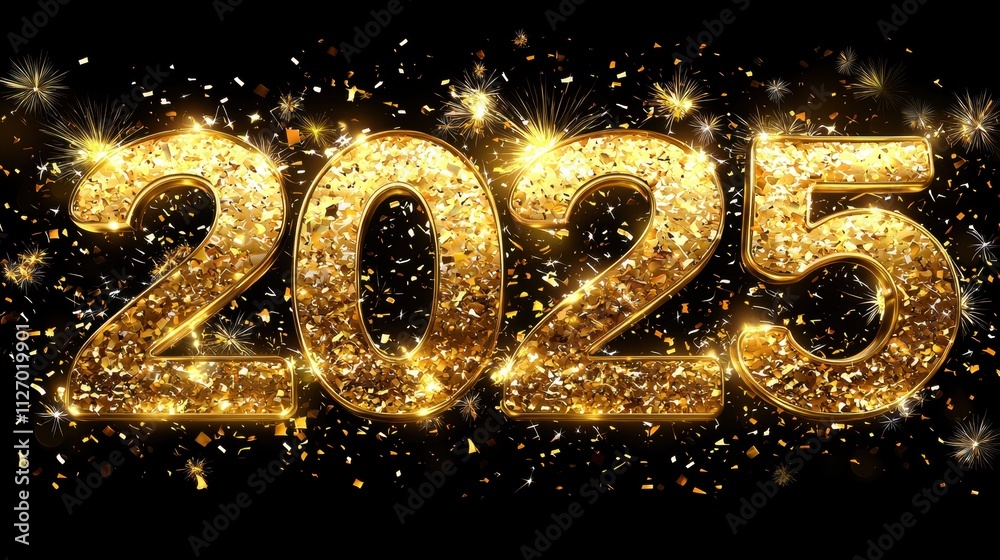 Golden Glittering 2025 Year Celebration with Sparkles and Confetti on Black Background