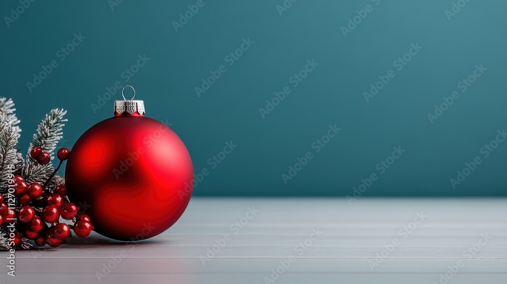 Red Christmas Ornament with Pine Branches and Berries on a Minimalist Background for Holiday Decor Red Christmas Ornament with Pine Branches and Berries on a Minimalist Background for Holiday Decor