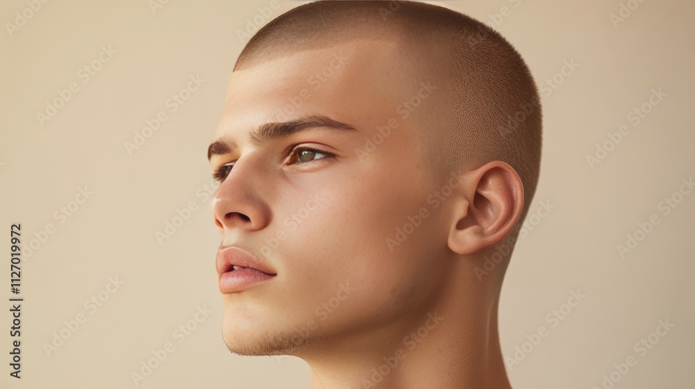 A buzz cut styled with a subtle fade, creating a seamless blend between the scalp and hairline