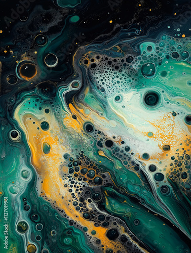 Abstract Fluid Art, Teal, Gold, and Black.  Concept of cosmos, galaxy, and liquid.