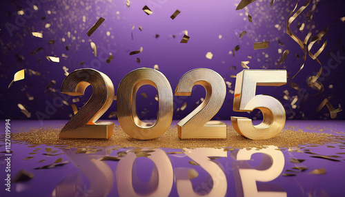 Happy New Year poster with golden letters 2025 on dark shimmering purple and dark blue background Happy Celebration Sparkles Banner Generative AI