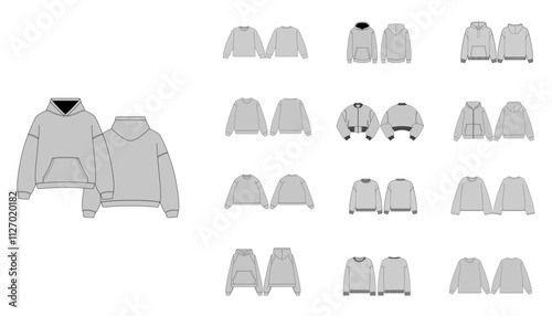Technical Drawing Set of Sweatshirts with Front and Back Views - Men, Woman, Unisex Hoody CAD Mockups, Streetwear Sweatshirt Collections Technical Fashion Illustration - Zipper Sweater Flat Templates 