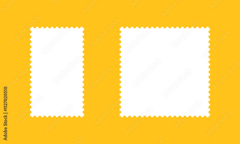 Postage stamp frames. Empty borders, backdrops for postcards, letters. White rectangular vintage stamps. Tags, labels, coupons, boxes with curvy, wiggly, wavy perforated edges.