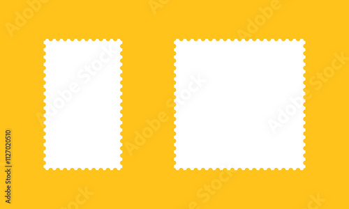 Postage stamp frames. Empty borders, backdrops for postcards, letters. White rectangular vintage stamps. Tags, labels, coupons, boxes with curvy, wiggly, wavy perforated edges.