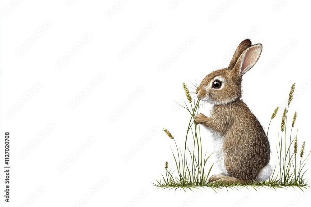 Fototapeta premium Cute Brown Rabbit in Grass With Delicate Details and Soft Fur Against a White Background