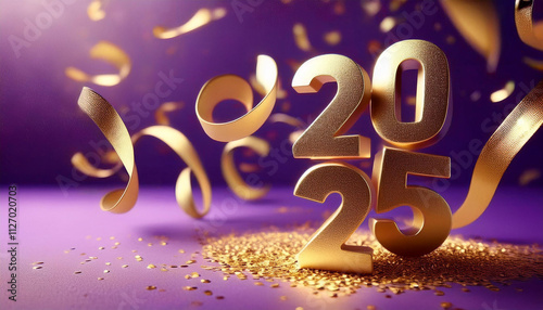 Happy New Year poster with golden letters 2025 on dark shimmering purple and dark blue background Happy Celebration Sparkles Banner Generative AI