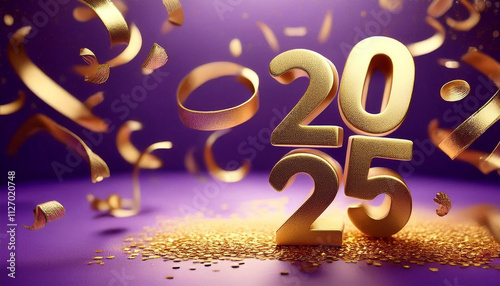 Happy New Year poster with golden letters 2025 on dark shimmering purple and dark blue background Happy Celebration Sparkles Banner Generative AI