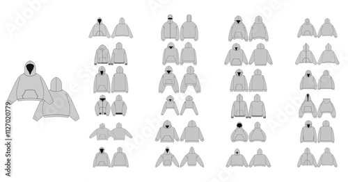 Technical Drawing Set of Hoodies with Front and Back Views - Men, Woman, Unisex CAD Mockups, Streetwear Hoodie Collections Technical Fashion Illustration - Zipper Hoodie Flat Apparel Templates 