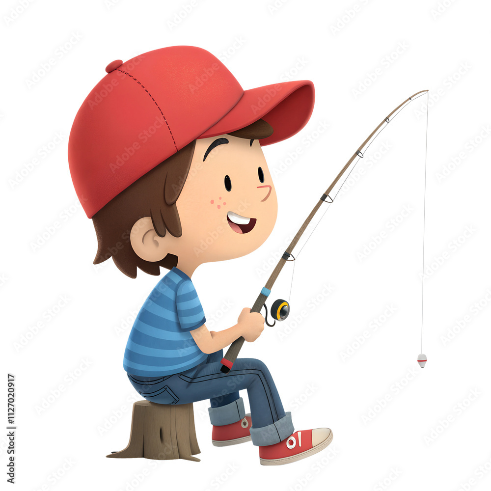 3d style, Cute boy sitting fishing, isolated on a transparent background 3d style, Cute boy sitting fishing, isolated on a transparent background
