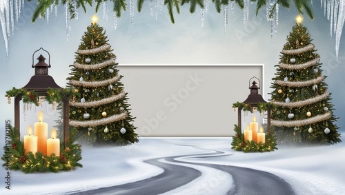 A Christmas background showing a snowy path lit by two lanterns, with decorated fir trees and an empty space.