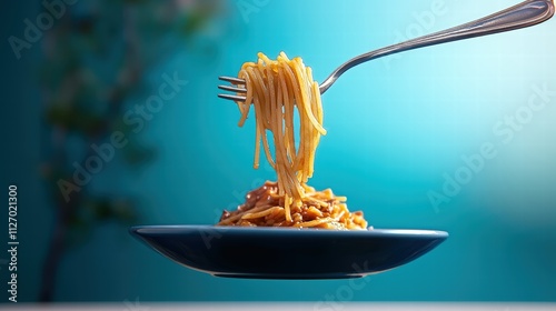 Delicious Spaghetti on a Fork with Blue Background photo