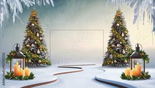 A Christmas background showing a snowy path lit by two lanterns, with decorated fir trees and an empty space.