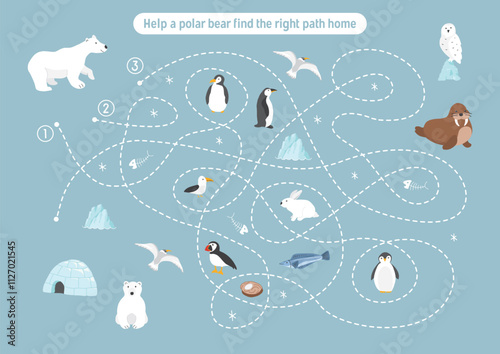 Labyrinth, Maze game for children. Logical puzzle for kids. Quest to find the right path for a Polar bear to his home. Vector illustration.