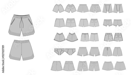 Streetwear Shorts Collection Technical Fashion Illustration - Short Pants Flat Apparel Templates - Technical Drawing Set of Underclothing with Front and Back Views - Men, Woman, Unisex shorts pant CAD