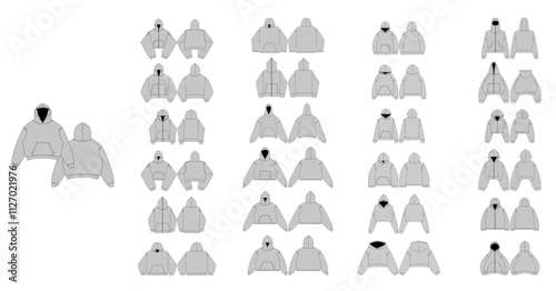 Streetwear Hoodie Collection Technical Fashion Illustration - Zip Heavyweight Hoodie Flat Apparel Templates - Technical Drawing Set of Hoodies with Front and Back Views - Men, Woman, Unisex CAD Mockup
