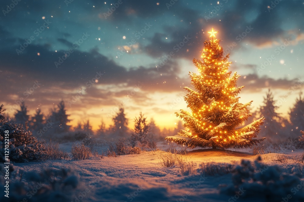 Christmas tree with lights in snow at night. Winter landscape, holiday decoration, New Year concept, 3D illustration. Christmas tree with lights in snow at night. Winter landscape, holiday decoration, New Year concept, 3D illustration.