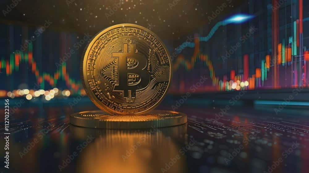 crypto money concept, bitcoin gold coins on stock chart background
