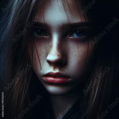 Moody dramatic portrait of a girl with a bold striking expressio