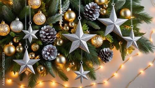 A bright living room with a wooden table and a decorated Christmas tree, with a soft, glowing effect.A wooden table in front of a blurred background with Christmas decorations, including a tree, garla