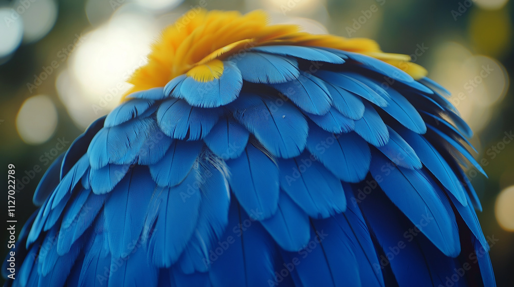 Obraz premium Close up of vibrant blue and yellow macaw feathers. Nature's artistry, tropical bird, exotic plumage.