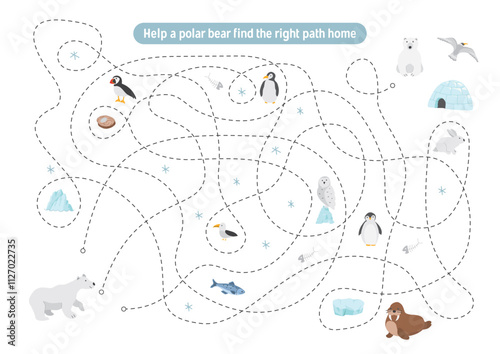 Labyrinth, Maze game for children. Logical puzzle for kids. Quest to find the right path for a Polar bear to his home. Vector illustration.