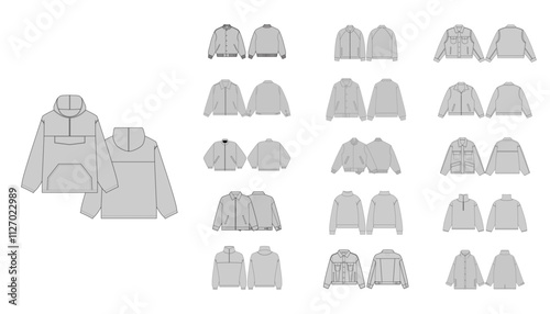 Set of Varsity Jacket - Activewear Jacket Design with Pocket - Jackets Fashion Technical Illustration - Front and Back Views Biker Jacket, Men Women Unisex Windbreaker Jacket CAD Mockups