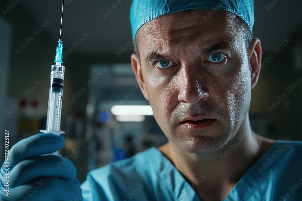 portrait of medical professional holding syringe in hospital with copy space portrait of medical professional holding syringe in hospital with copy space