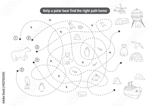 Labyrinth, Maze game for children. Logical puzzle for kids. Quest to find the right path for a Polar bear to his home. Vector illustration.