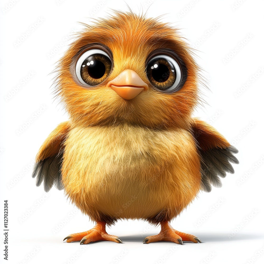 A cute cartoon kiwi character with large expressive eyes, a round body, and small wings, standing on a white background with a happy and playful expression.