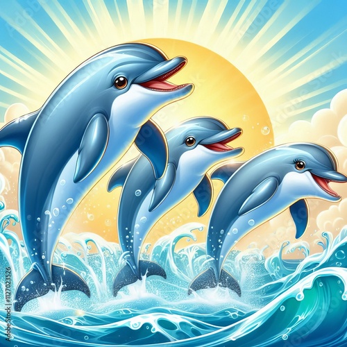 Joyful Dolphins Dolphins with happy faces leaping out of the wat