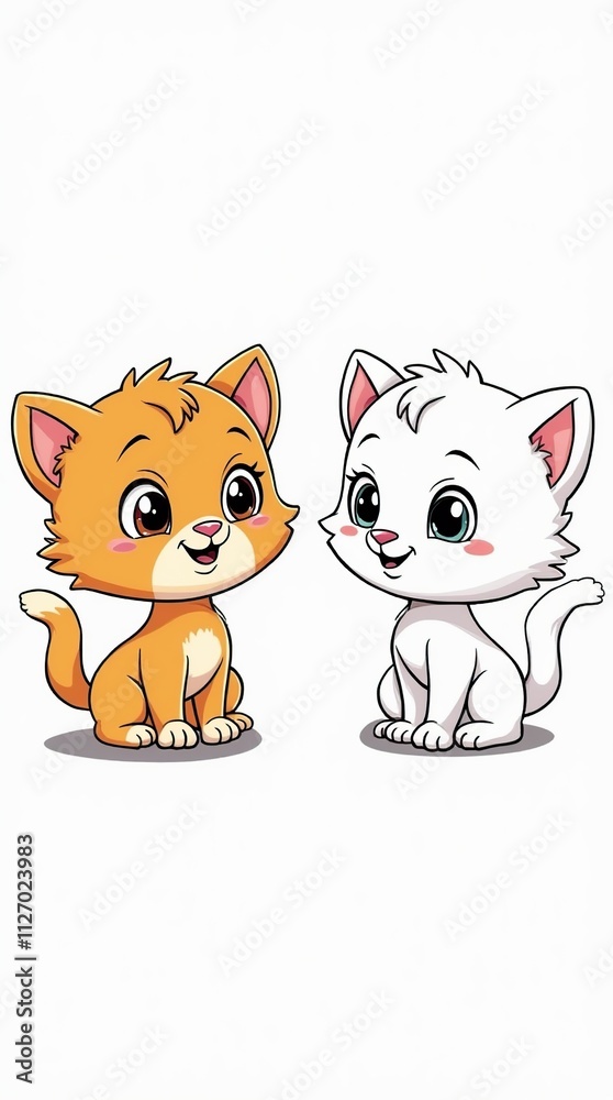 Fototapeta premium Cute Cartoon Kittens in Color and Outline Illustration