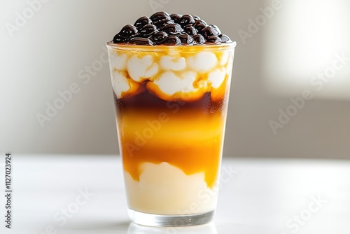 A glass of taho with layers of silken tofu, arnibal syrup, and sago pearls. photo