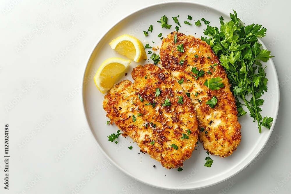 A golden-brown schnitzel served on a white plate, garnished with lemon wedges and parsley. A golden-brown schnitzel served on a white plate, garnished with lemon wedges and parsley.