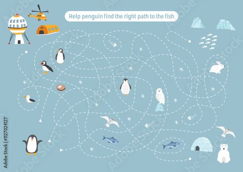 Labyrinth, Maze game for children. Logical puzzle for kids. Quest to find the right path for a penguin to catch a fish. Vector illustration