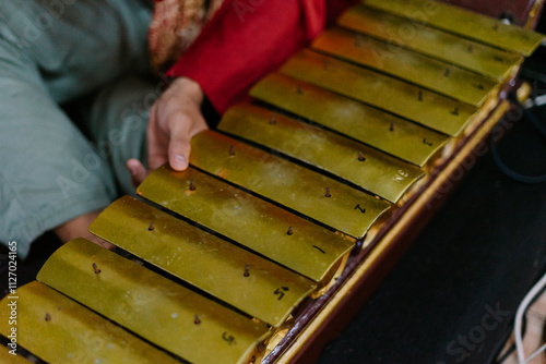 Traditional kolintang instrument made from wooden bars, arranged for performance,