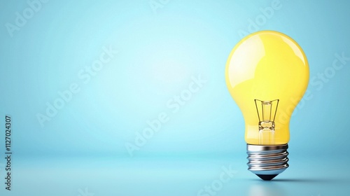 Bright Yellow Light Bulb Standing on a Smooth Surface with a Soft Blue Background, Symbolizing Innovation, Creativity, and Bright Ideas in a Minimalist Setting