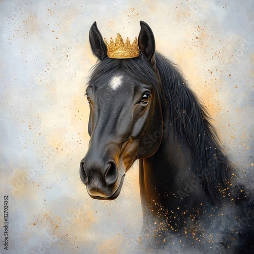 The painting features a majestic black horse with a shimmering gold crown on its head photo