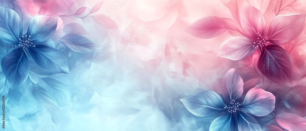 Ethereal pastel composition of blue and pink flowers blending into a soft dreamy background Ethereal pastel composition of blue and pink flowers blending into a soft dreamy background