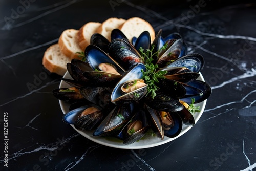 A dark marble table with a plate of cooked mussels garnished with herbs photo