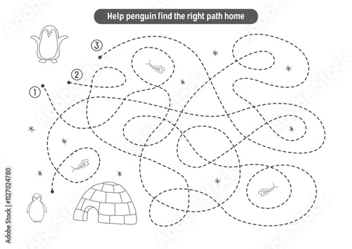 Labyrinth, Maze game for children. Logical puzzle for kids. Quest to find the right path for a penguin to his home. Vector illustration.