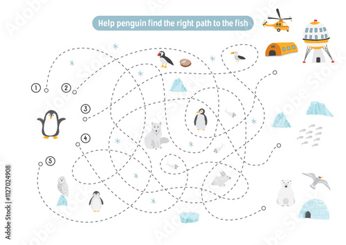 Labyrinth, Maze game for children. Logical puzzle for kids. Quest to find the right path for a penguin to catch a fish. Vector illustration