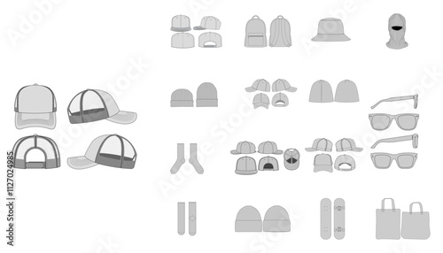 Set of Glasses, Socks, Balaclava, Mask, 5, 6 Panel Cap - Technical Flat Drawing of Tote Bags, Skateboard Beanies Design - Fashion Accessories Technical Illustration - Trucker Hat Snapback Caps