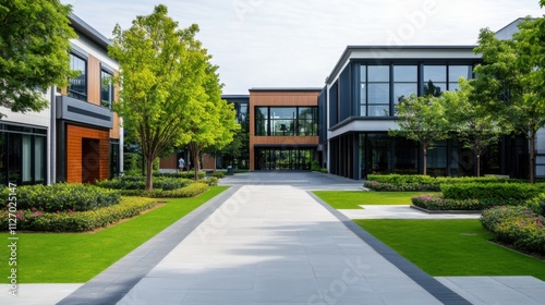 Modern Architectural Design in Urban Landscape with Greenery and Pathways Leading to Building Entrance