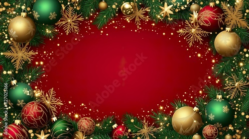 Vibrant red Christmas background bordered by pine branches, holly leaves, gold ornaments, and poinsettias, perfect for holiday-themed designs on red background