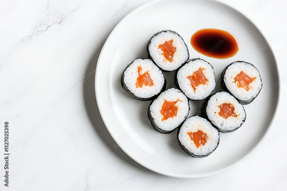 Sushi rolls on plate with soy sauce, minimal design Sushi rolls on plate with soy sauce, minimal design